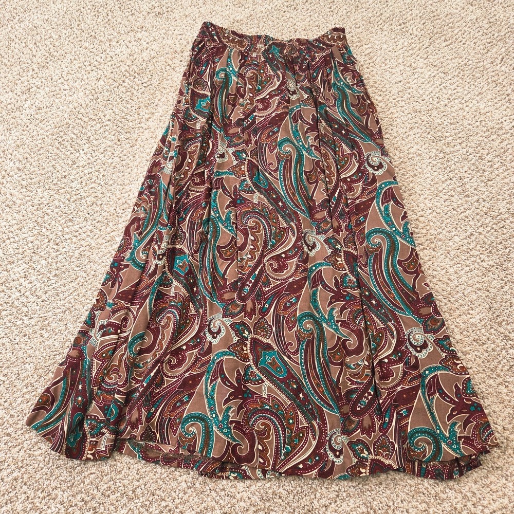 VTG BRIGGS New York Floral A-Line Pleated Midi Skirt Paisley Brown Teal 70s 10